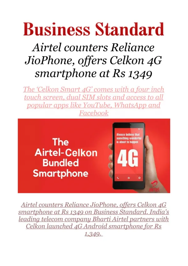 Airtel counters Reliance JioPhone, offers Celkon 4G smartphone at Rs 1349