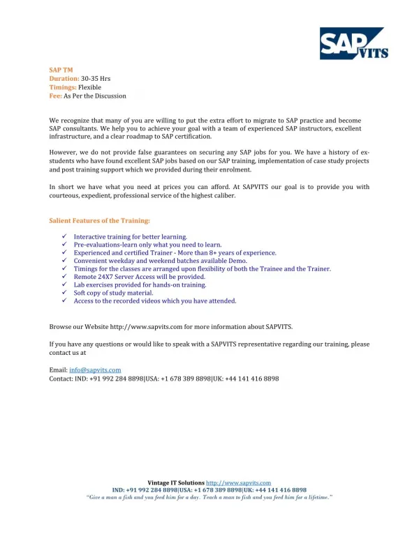 sap tm duration 30 35 hrs timings flexible