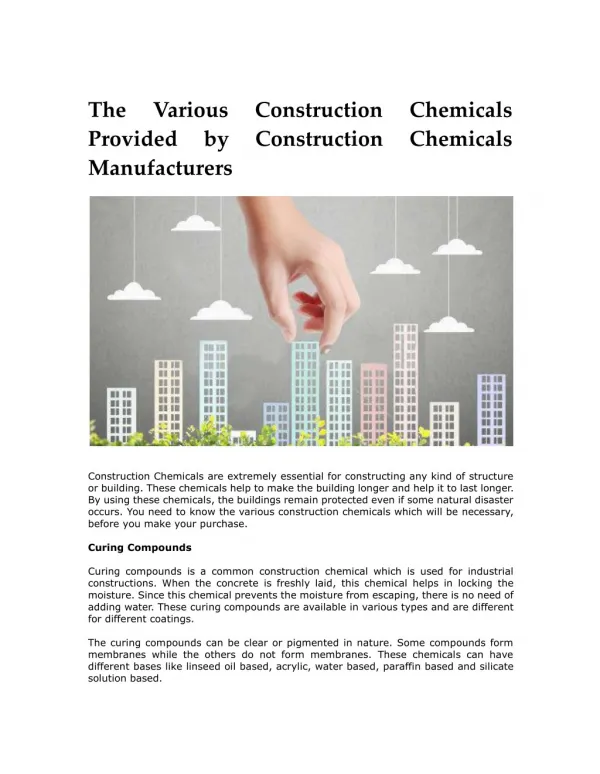 The Various Construction Chemicals Provided by Construction Chemicals Manufacturers