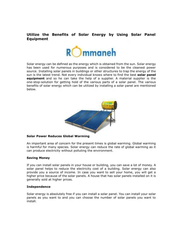 Utilize the Benefits of Solar Energy by Using Solar Panel Equipment