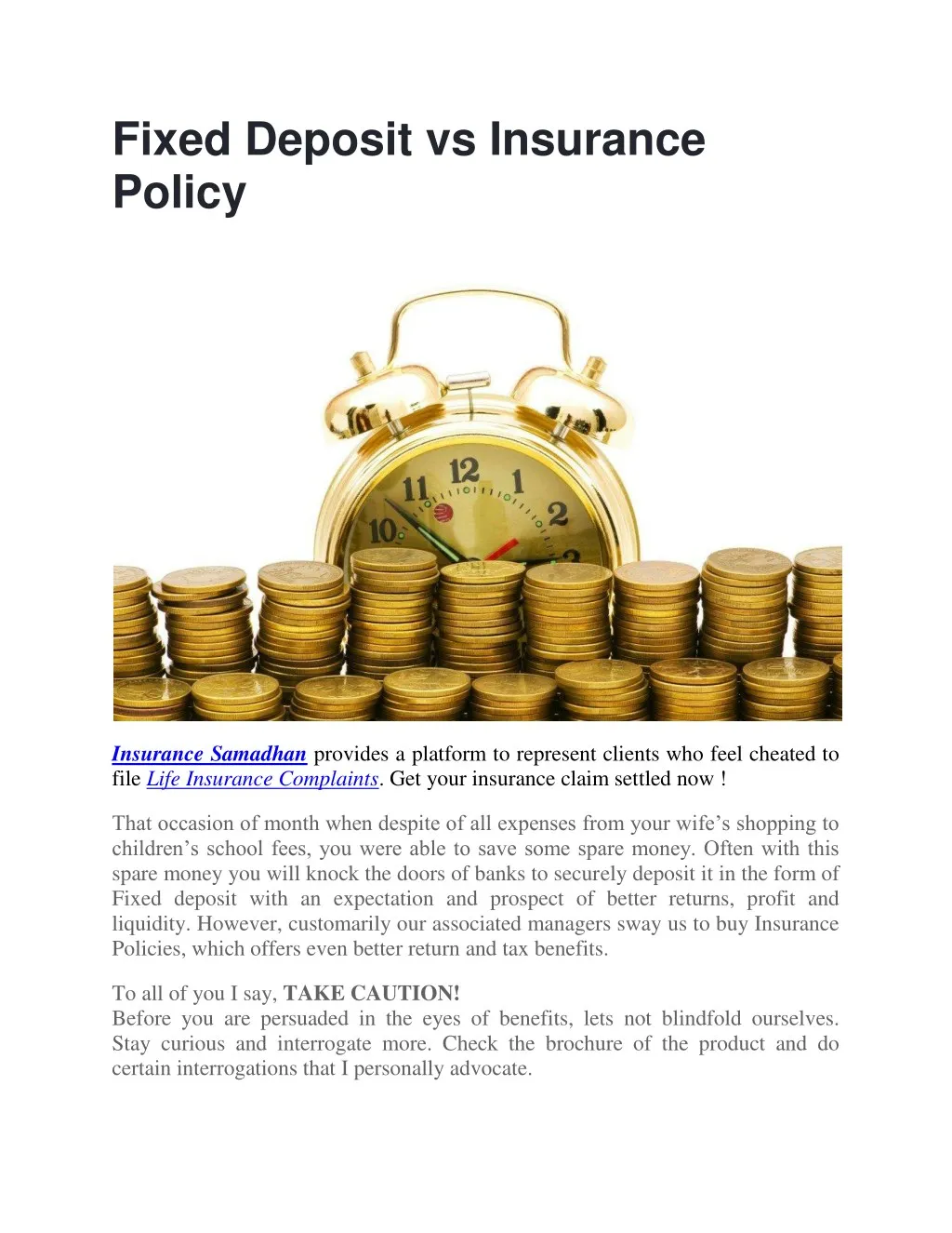 fixed deposit vs insurance policy