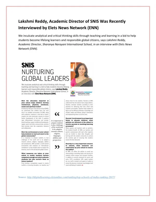Lakshmi Reddy, Academic Director of SNIS Was Recently Interviewed by Elets News Network (ENN)