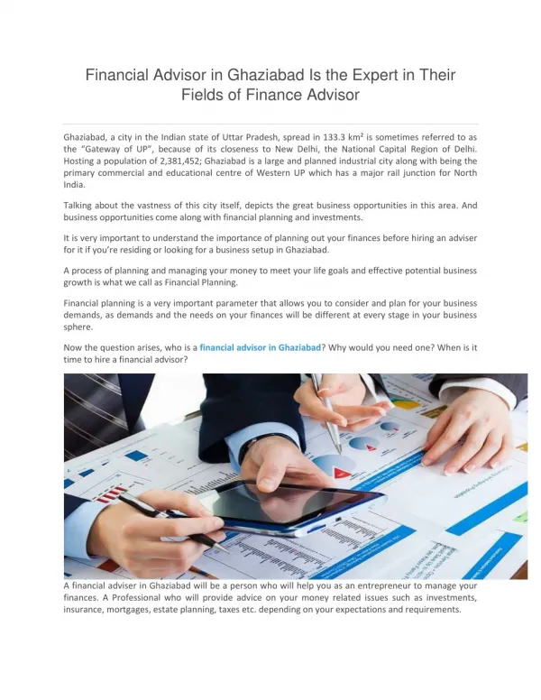 Financial Advisor in Ghaziabad Is the Expert in Their Fields of Finance Advisor
