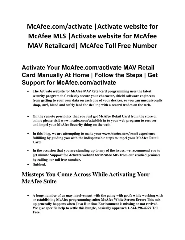 Activate website for McAfee MAV Retailcard www.mcafee.com/mav/retailcard