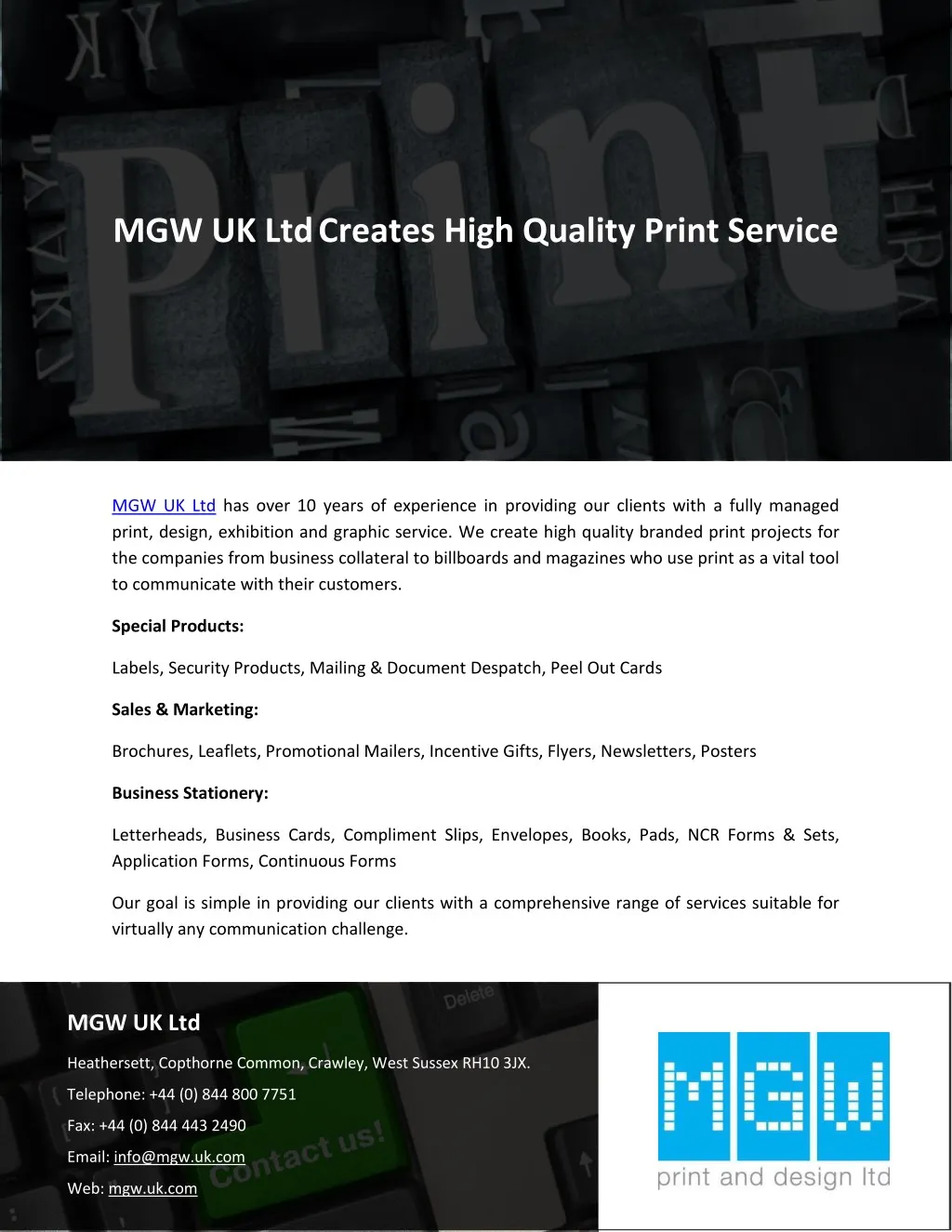 mgw uk ltd creates high quality print service