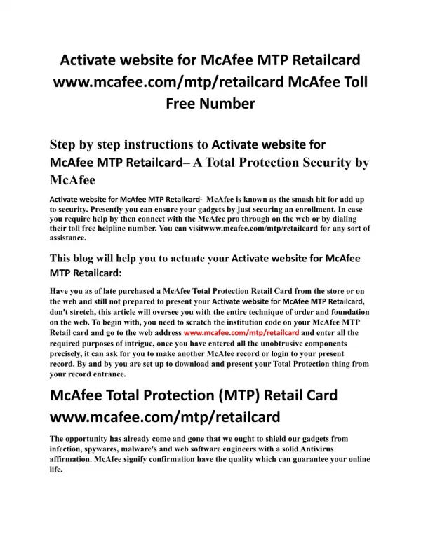 www.mcafee.com/mtp/retailcard Activate website for McAfee MIS Retailcard