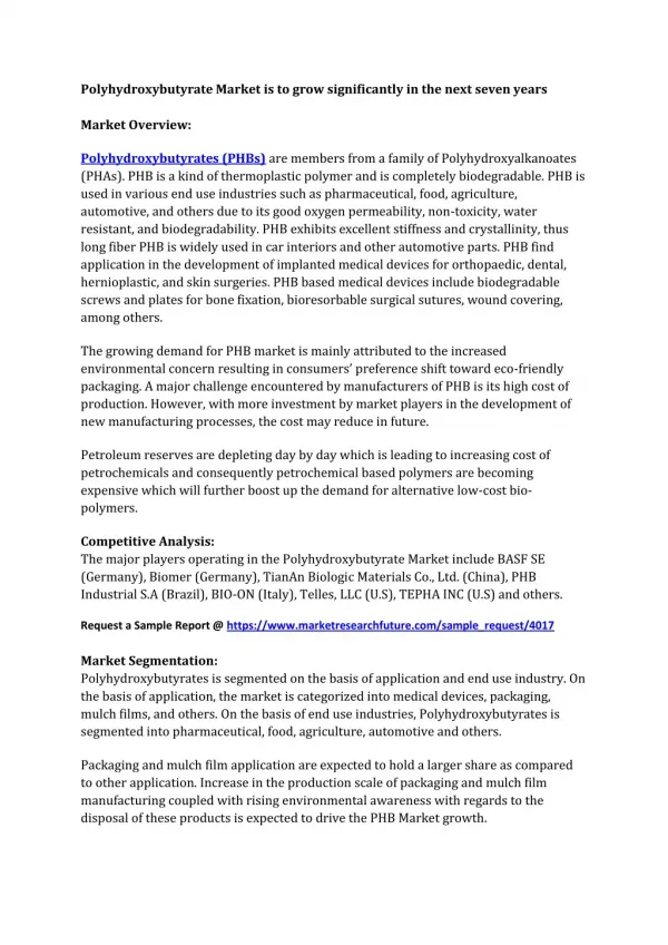 Polyhydroxybutyrate Market 2017: Key Players, Development and Opportunities by Forecast to 2023