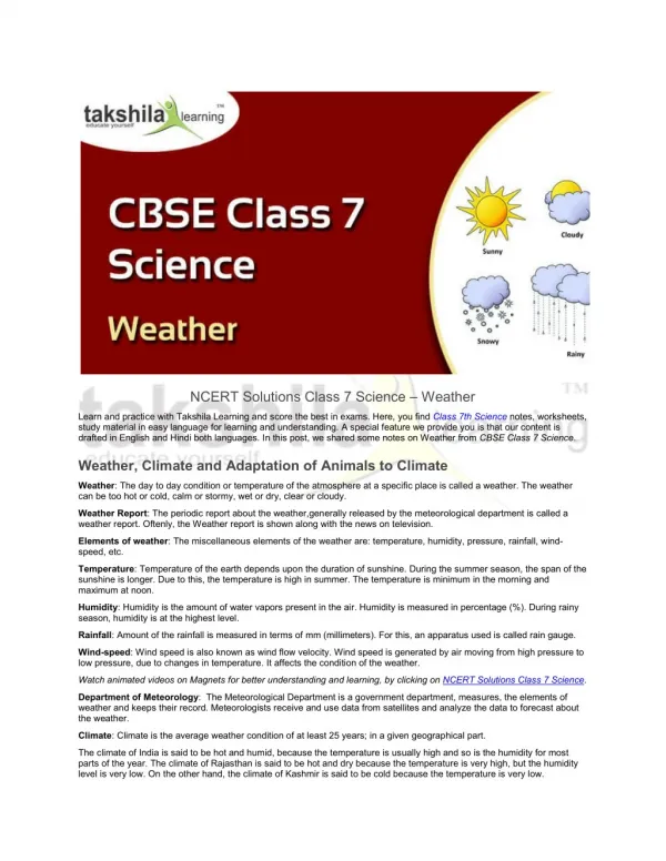 CBSE / NCERT Solutions Class 7 Science - Weather