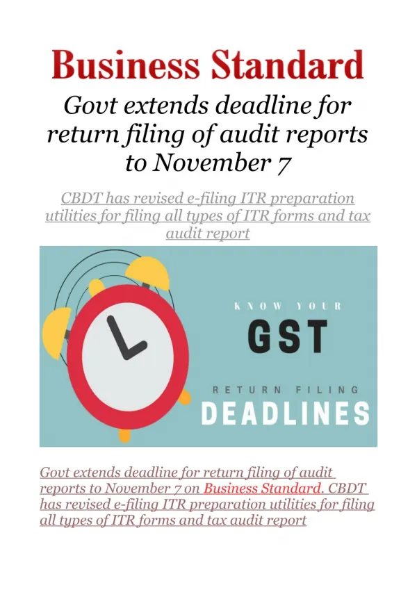 Govt extends deadline for return filing of audit reports to November 7