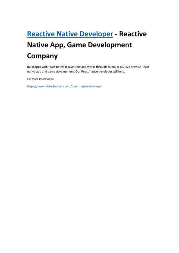 Reactive Native Developer - Reactive Native App, Game Development Company