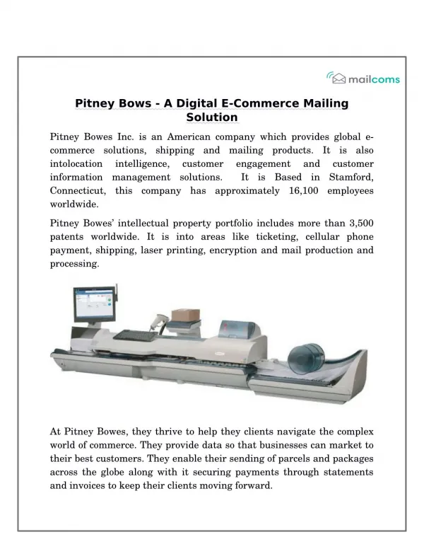 Pitney Bows - A Digital E-Commerce Mailing Solution