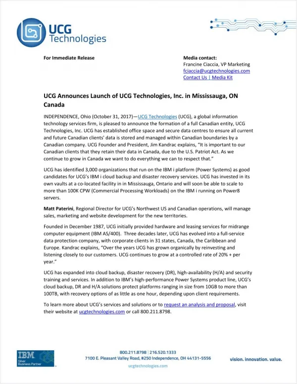 UCG Announces Launch of UCG Technologies, Inc. in Mississauga, ON Canada
