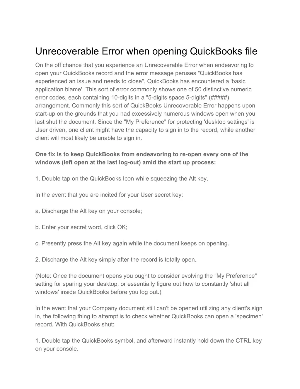 unrecoverable error when opening quickbooks file