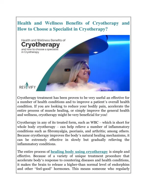 Health and Wellness Benefits of Cryotherapy and How to Choose a Specialist in Cryotherapy?