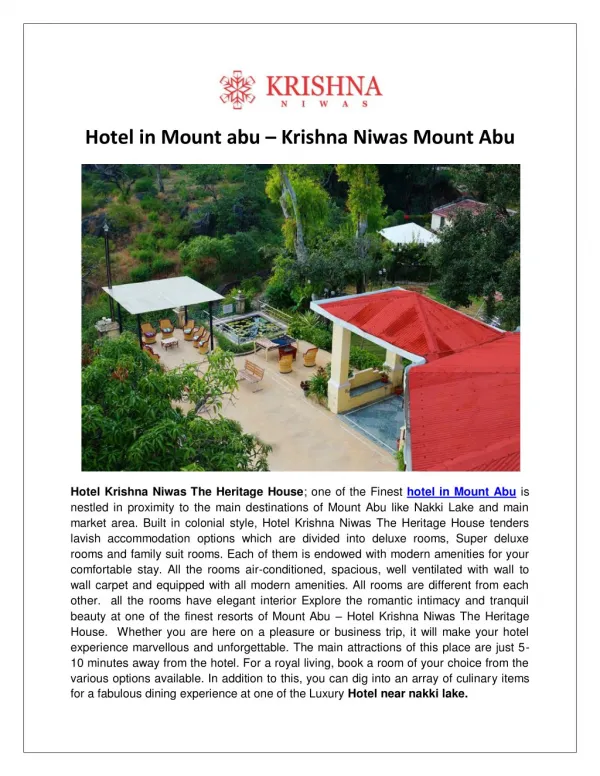 Hotel in Mount Abu-Krishna Niwas Mount Abu