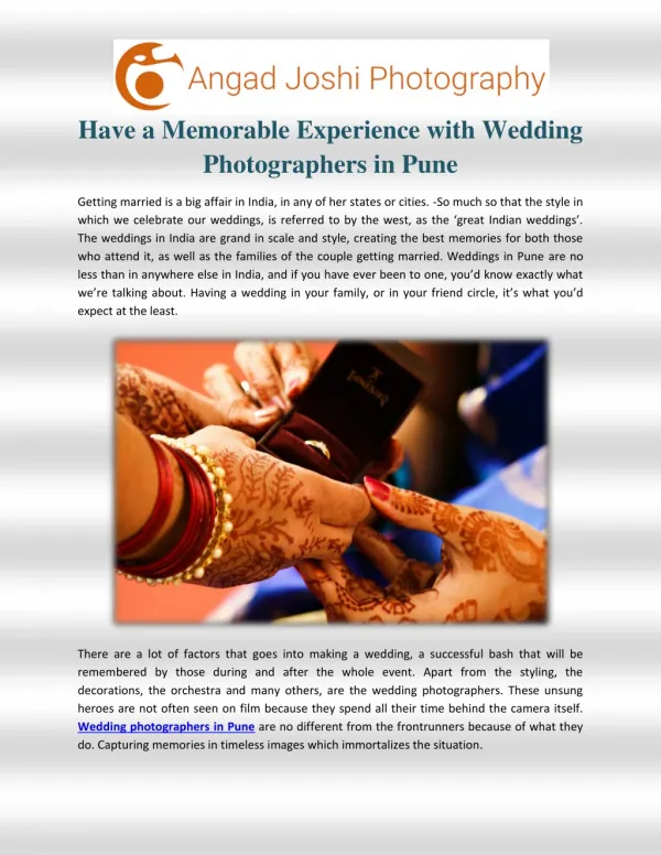 Have a memorable experience with wedding photographers in pune
