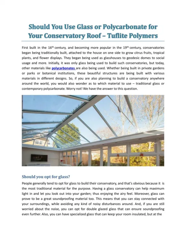 Should You Use Glass Or Polycarbonate For Your Conservatory Roof - Tuflite Polymers