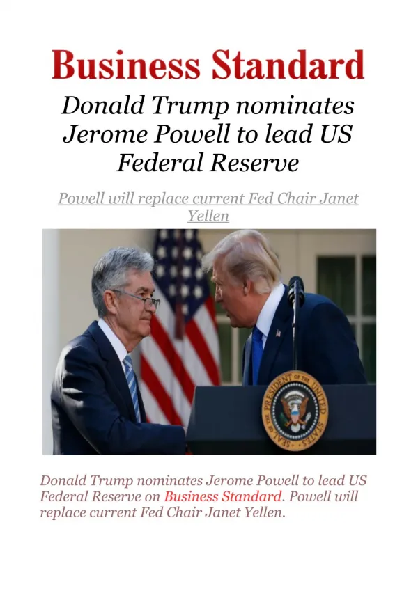 Donald Trump nominates Jerome Powell to lead US Federal Reserve