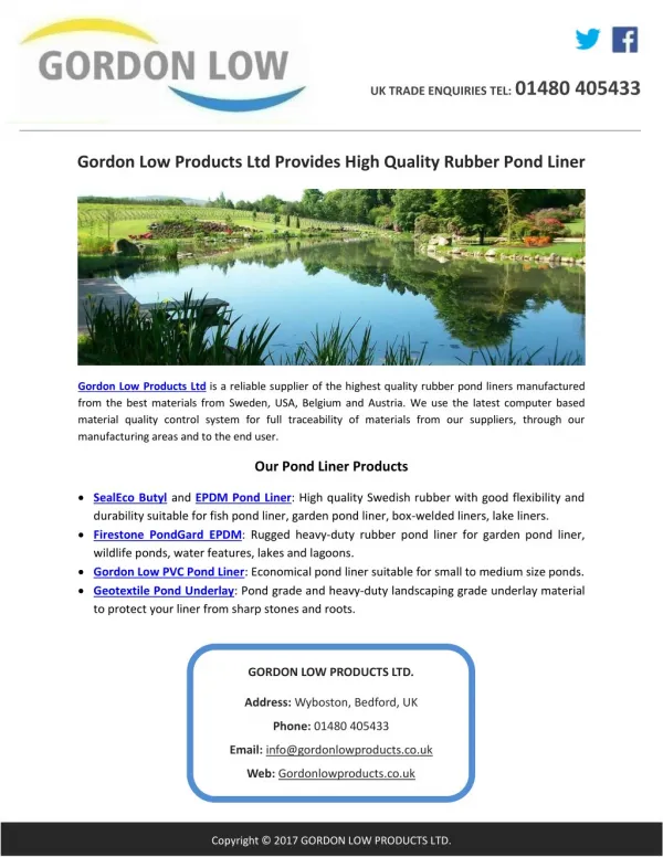 Gordon Low Products Ltd Provides High Quality Rubber Pond Liner