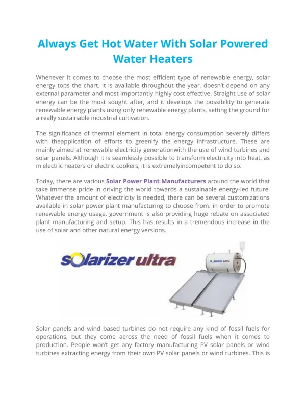 Always Get Hot Water With Solar Powered Water Heaters
