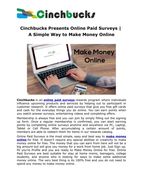 Cinchbucks Presents Online Paid Surveys | A Simple Way to Make Money Online 