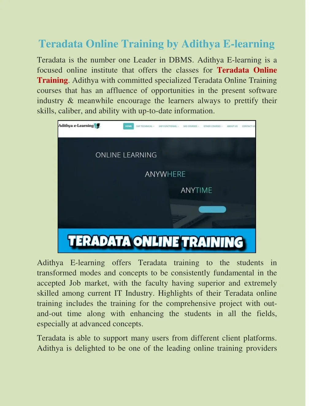 teradata online training by adithya e learning