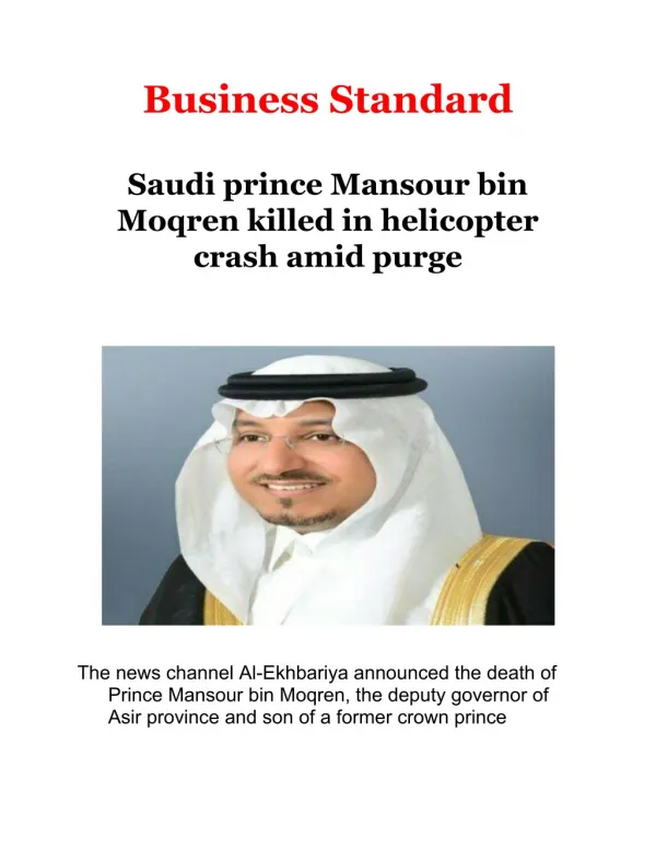 Saudi prince Mansour bin Moqren killed in helicopter crash amid purge