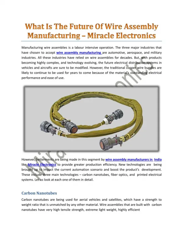 What Is The Future Of Wire Assembly Manufacturing - Miracle Electronics