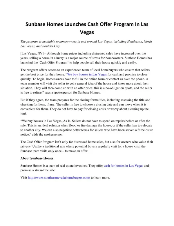 Sunbase Homes Launches Cash Offer Program In Las Vegas