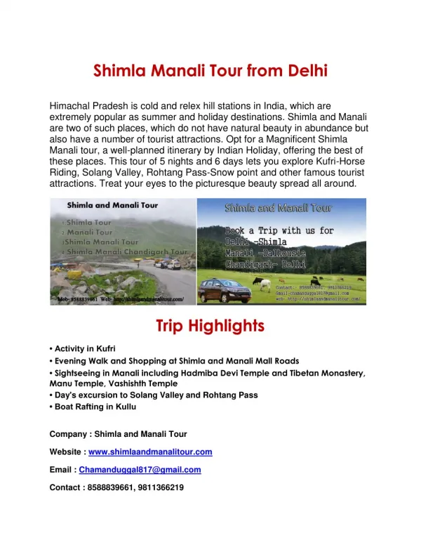 Shimla Manali Chandigarh Tour | Shimla Trip 2 Night 3 Days from Delhi