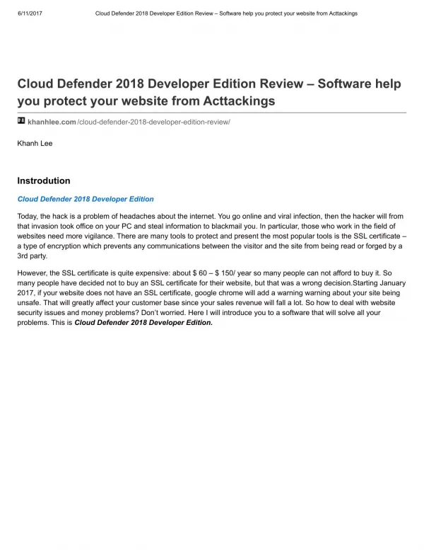 Cloud Defender 2018 Developer Edition review
