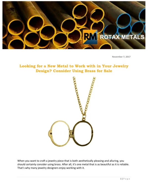 Looking for a New Metal to Work with in Your Jewelry Design? Consider Using Brass for Sale