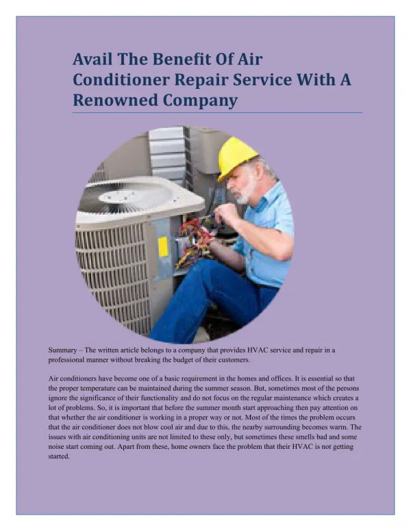 Avail The Benefit Of Air Conditioner Repair Service With A Renowned Company