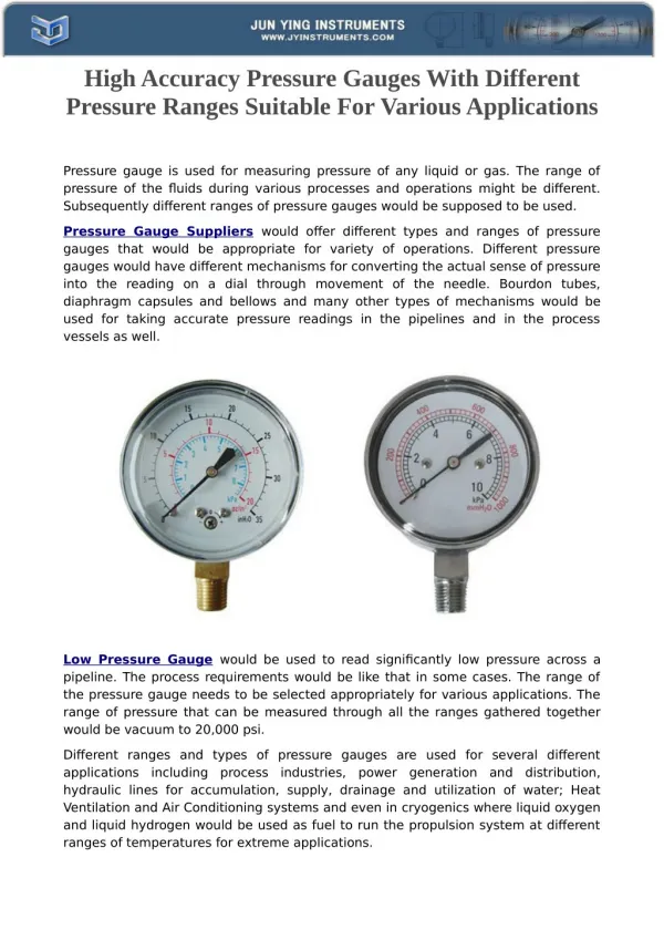 High Accuracy Pressure Gauges With Different Pressure Ranges Suitable For Various Applications