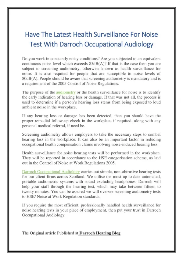 Have The Latest Health Surveillance For Noise Test With Darroch Occupational Audiology