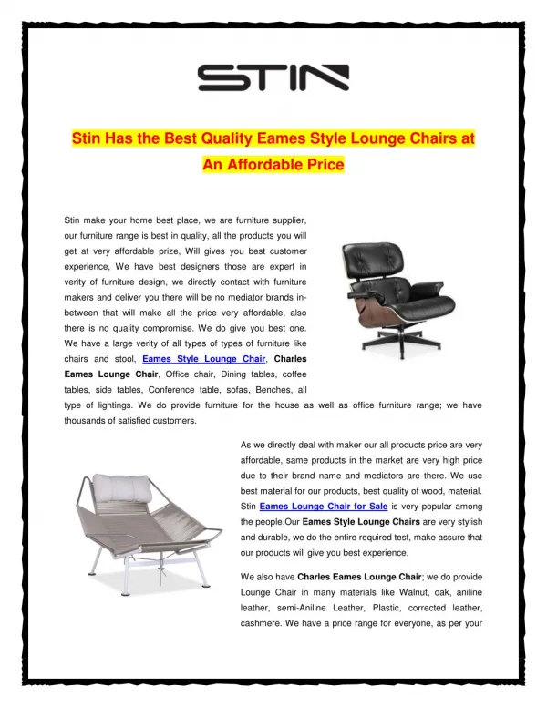 Stin Has the Best Quality Eames Style Lounge Chairs at An Affordable Price