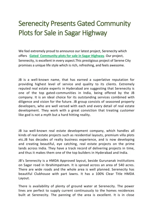 Gated Community Plots for Sale in Sagar Highway