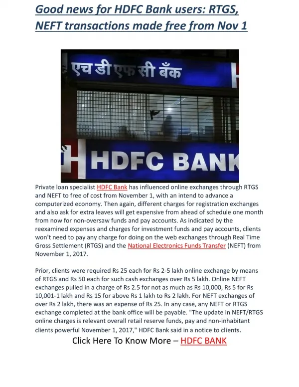 Good news for HDFC Bank users: RTGS, NEFT transactions made free from Nov 1 | Business Standard News