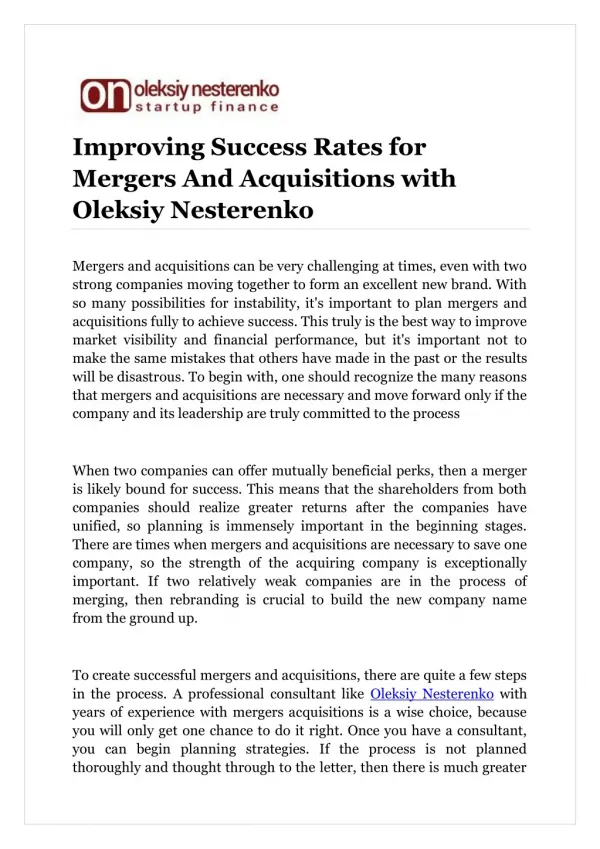 Improving Success Rates for Mergers And Acquisitions with Oleksiy Nesterenko