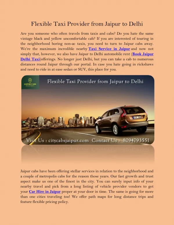 Flexible Taxi Provider from Jaipur to Delhi