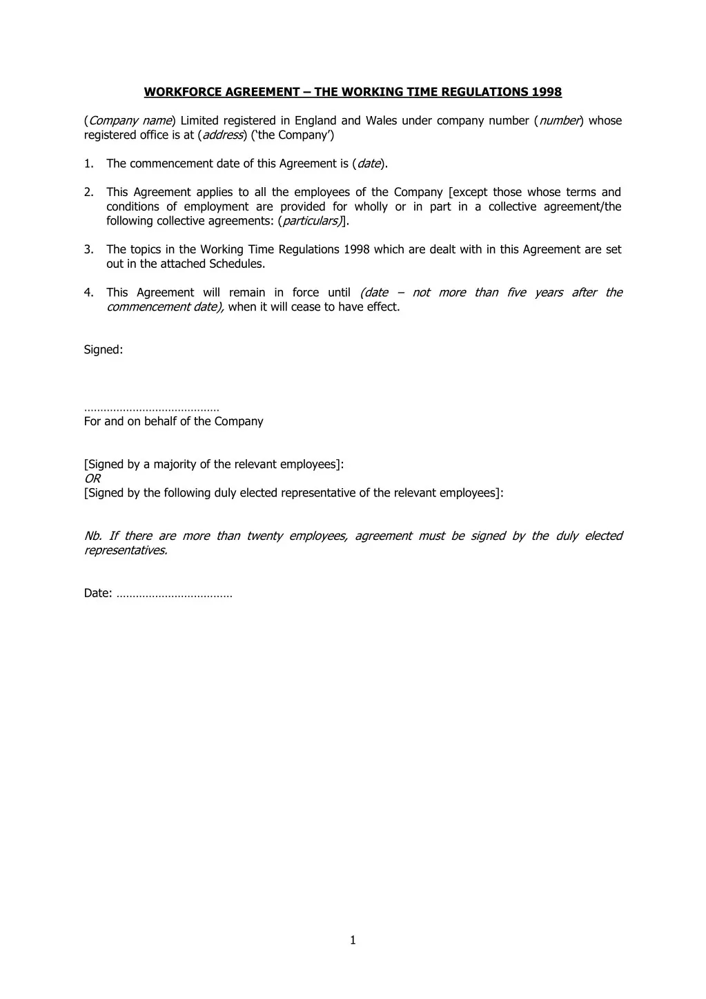 workforce agreement the working time regulations