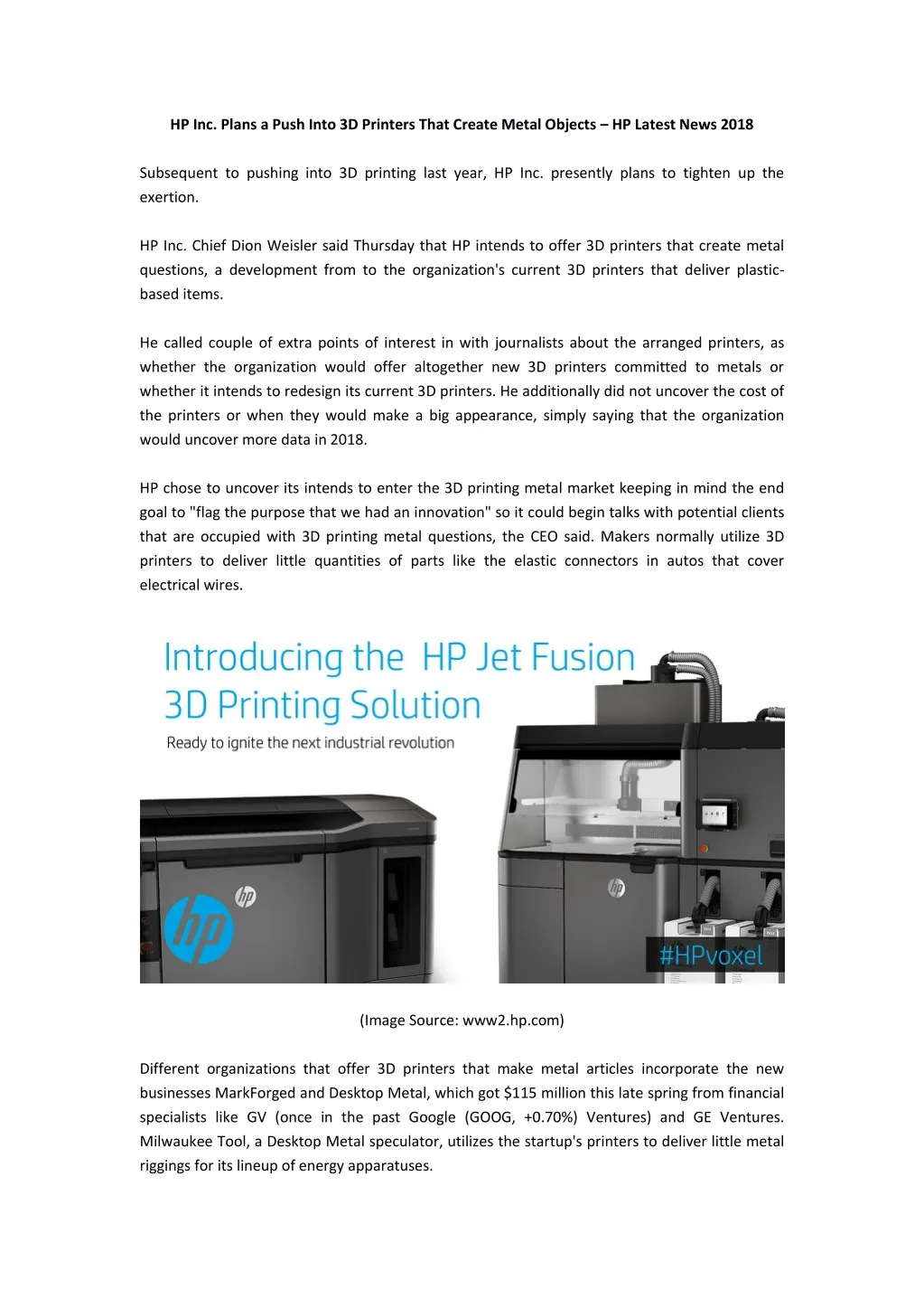 hp inc plans a push into 3d printers that create