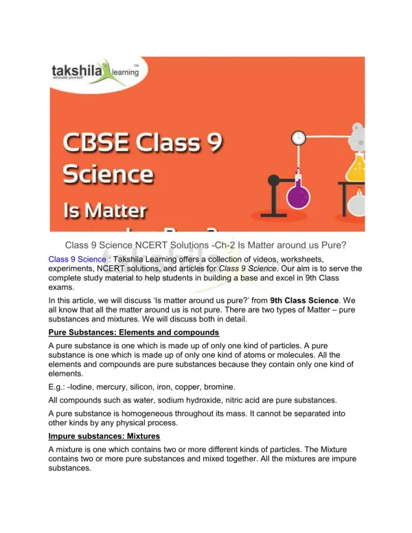 Class 9 Science NCERT Solutions - Is Matter around us Pure?