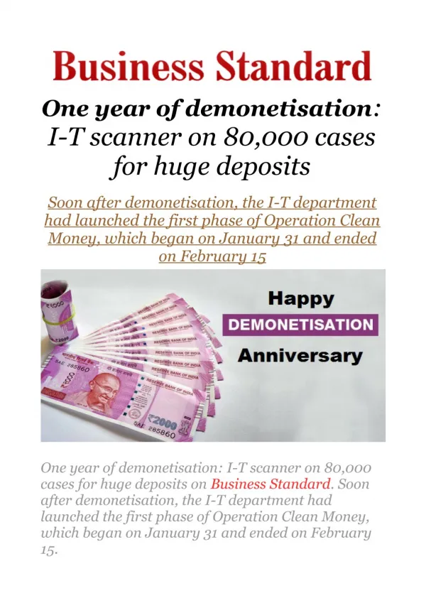 One year of demonetisation: I-T scanner on 80,000 cases for huge deposits