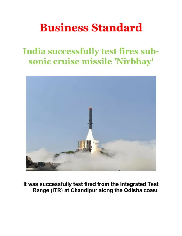 India successfully test fires sub-sonic cruise missile 'Nirbhay'