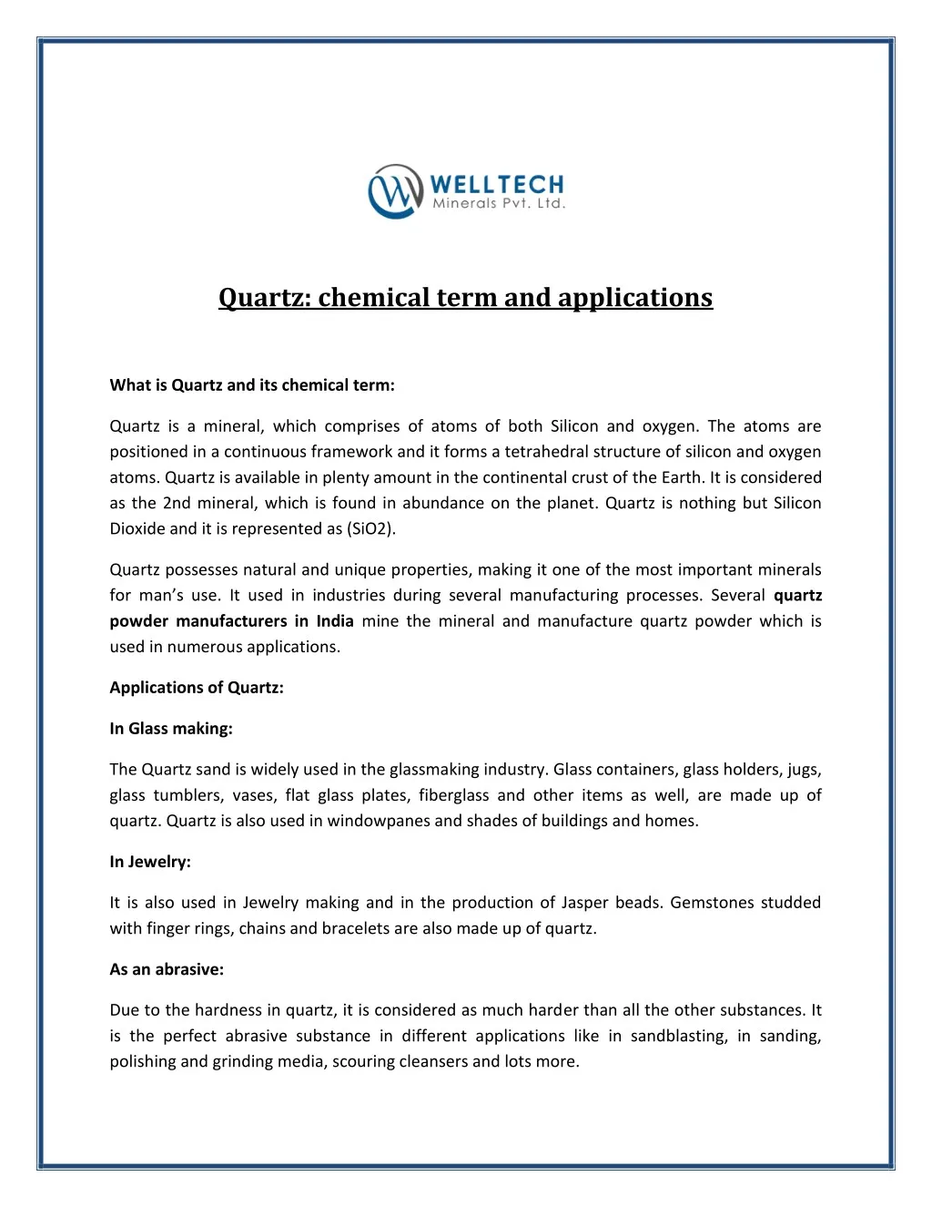 quartz chemical term and applications