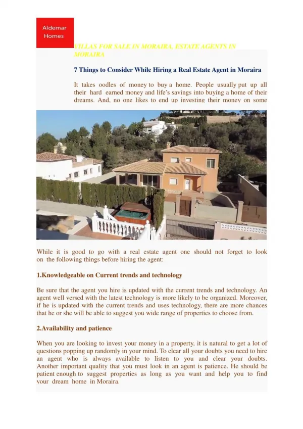 7 Things to Consider While Hiring a Real Estate Agent in Moraira