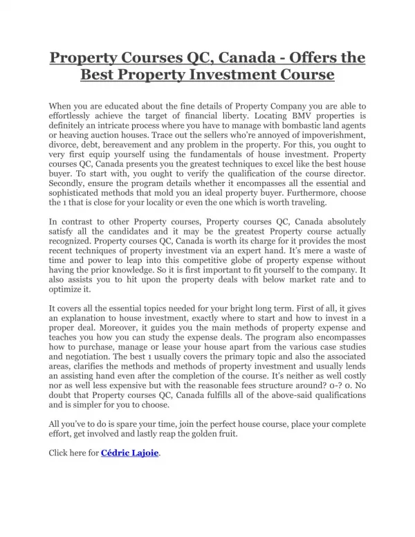 Property Courses QC, Canada - Offers the Best Property Investment Course