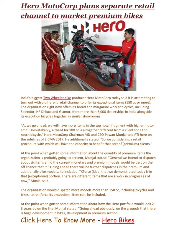 Hero MotoCorp plans separate retail channel to market premium bikes | Business Standard News