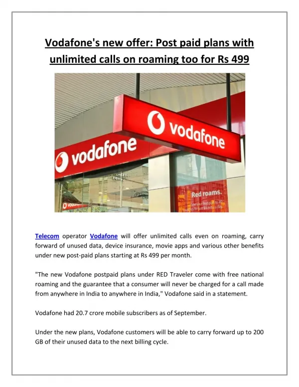 Vodafone's new offer: Post paid plans with unlimited calls on roaming too for Rs 499